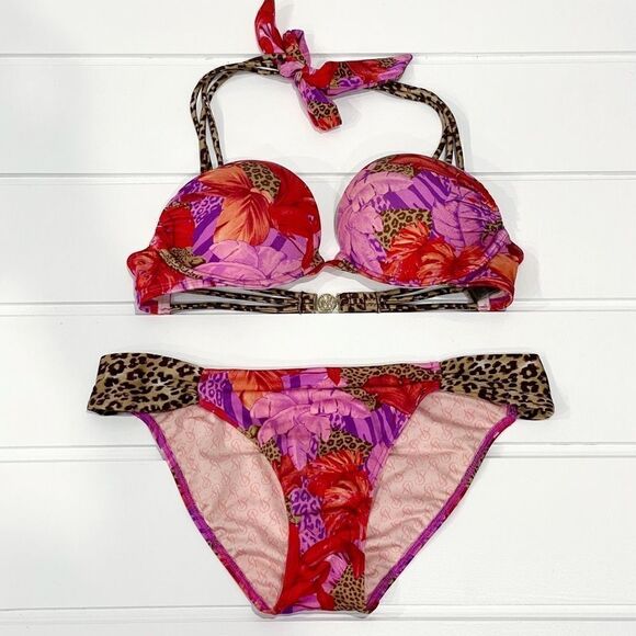 Victoria’s Secret Swim RARE Tropical Bombshell Bikini Set Red/Pink Leopard  32B/ - Picture 2 of 13